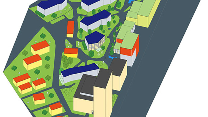 Ausschnitt eines Quartiers in Anlehnung an die Suurstoffi mit Gebäuden, Strassen, Wegen, Grün- und Wasserflächen sowie Bäumen als 3D-Modell | © HSLU